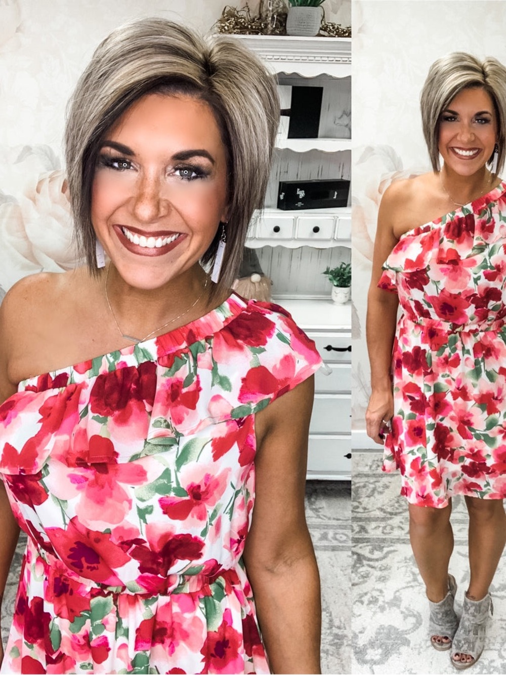 Floral One-Shoulder Summer Dress in Pink Red
